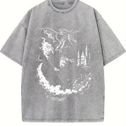 Wizard Dragon Gothic Fantasy Castle Sorcerer Magic Retro Vintage Washed T-Shirt in Gray