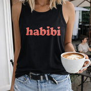 Habibi Red Text Crew-neck Sleeveless Vest Outdoor Women's Color Cotton Tank Top in Black