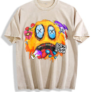 American Street Graffiti Melted Hip-hop Quirky Expression Vintage Washed T-Shirt in Beige