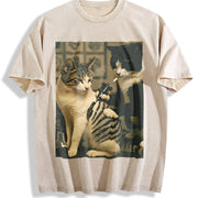 Cat Drinking Vintage Washed T-Shirt in Beige