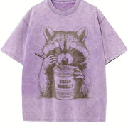 Retro Raccoon Eating Noodle 90s Vintage Washed T-Shirt in Purple