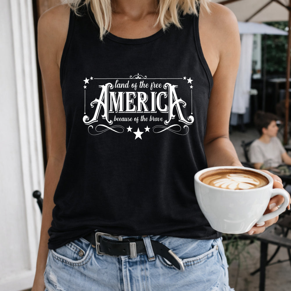 America Land of Free Women's Color Cotton Tank Top in Black