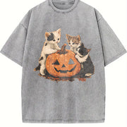 Halloween Kittens & Pumpkin vintage washed oversized T-shirt in Gray