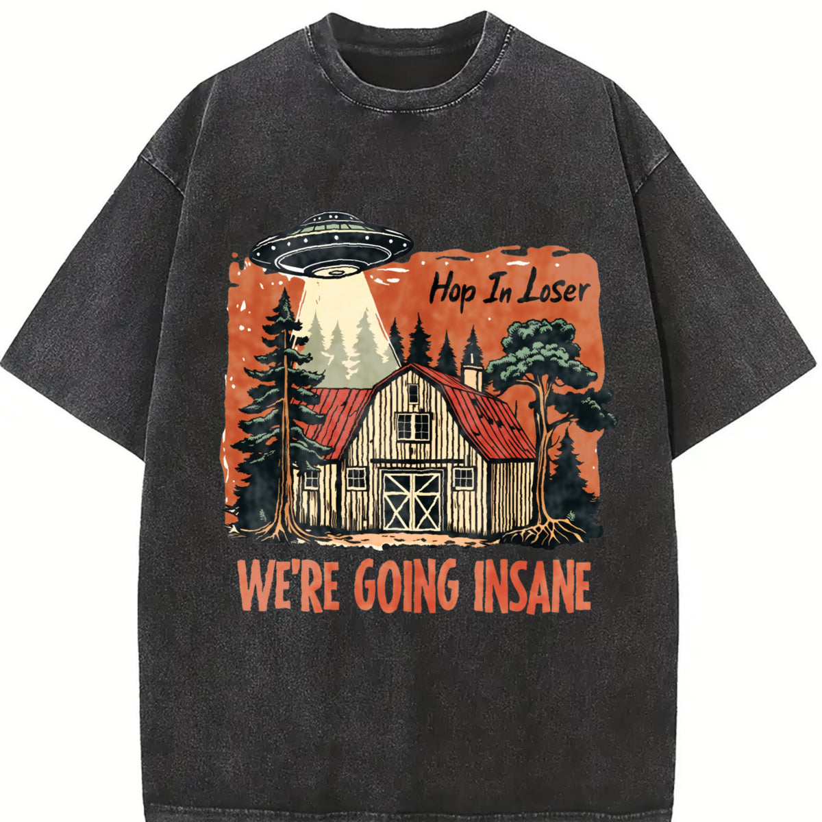 Retro UFO Get in Loser We're Going Insane Y2k Vintage Washed T-Shirt in Black