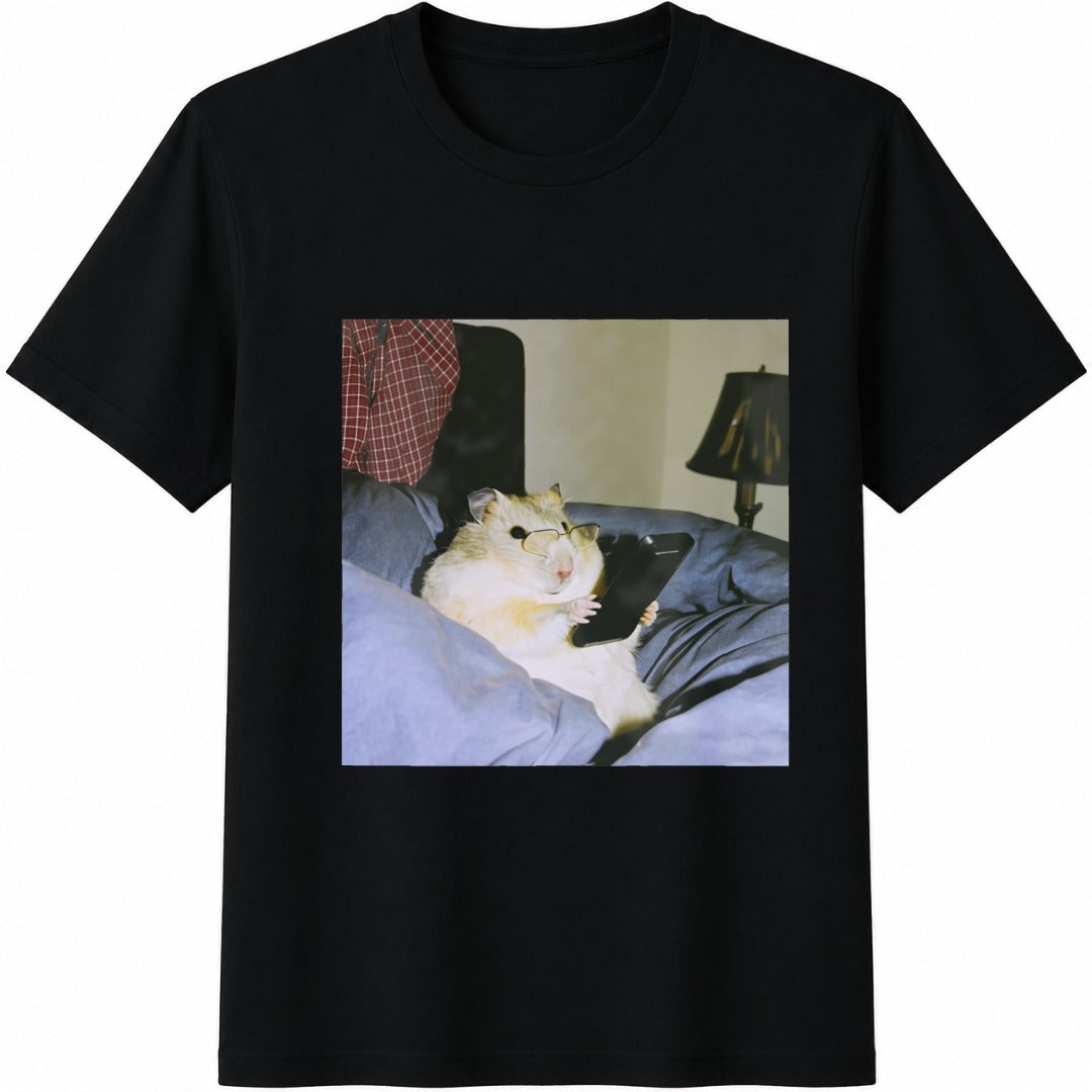 Hamster Reading Hamster Lover Pet Owner Cotton T-Shirt in Black