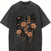 Pressed Flowers Botanical Floral Vintage Washed T-Shirt in Black