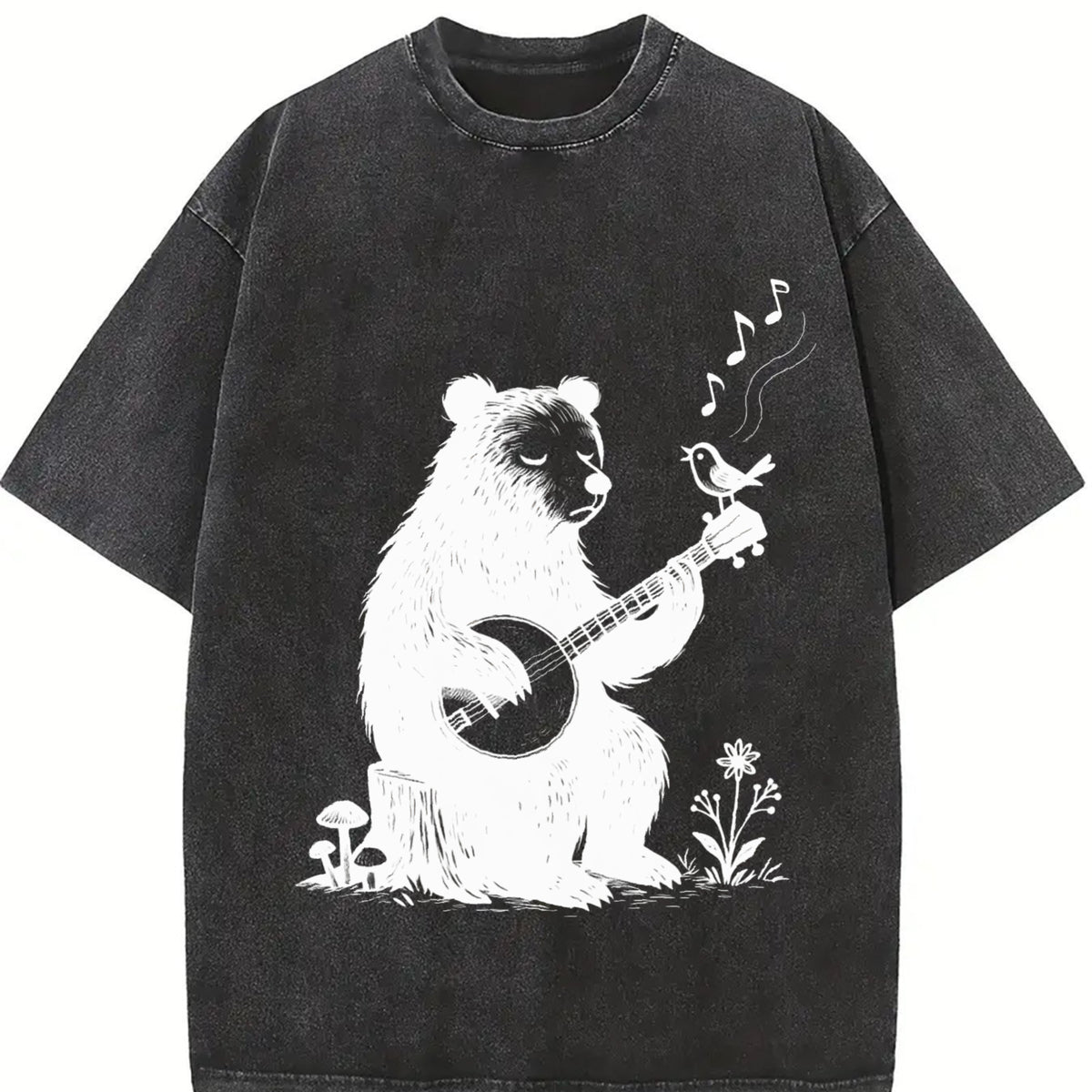 Banjo Bear Bird Retro Folk Music Animal Vintage Washed T-Shirt in Black