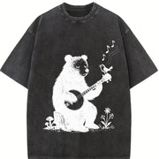 Banjo Bear Bird Retro Folk Music Animal Vintage Washed T-Shirt in Black