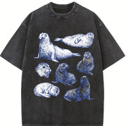 Seal 90s Tattoo Retro ® Y2k Ocean Sea Lion Vintage Washed T-Shirt in Black