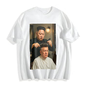 Kim Jong Un Cutting Donald Trump's Hair (Us) Cotton T-Shirt in White