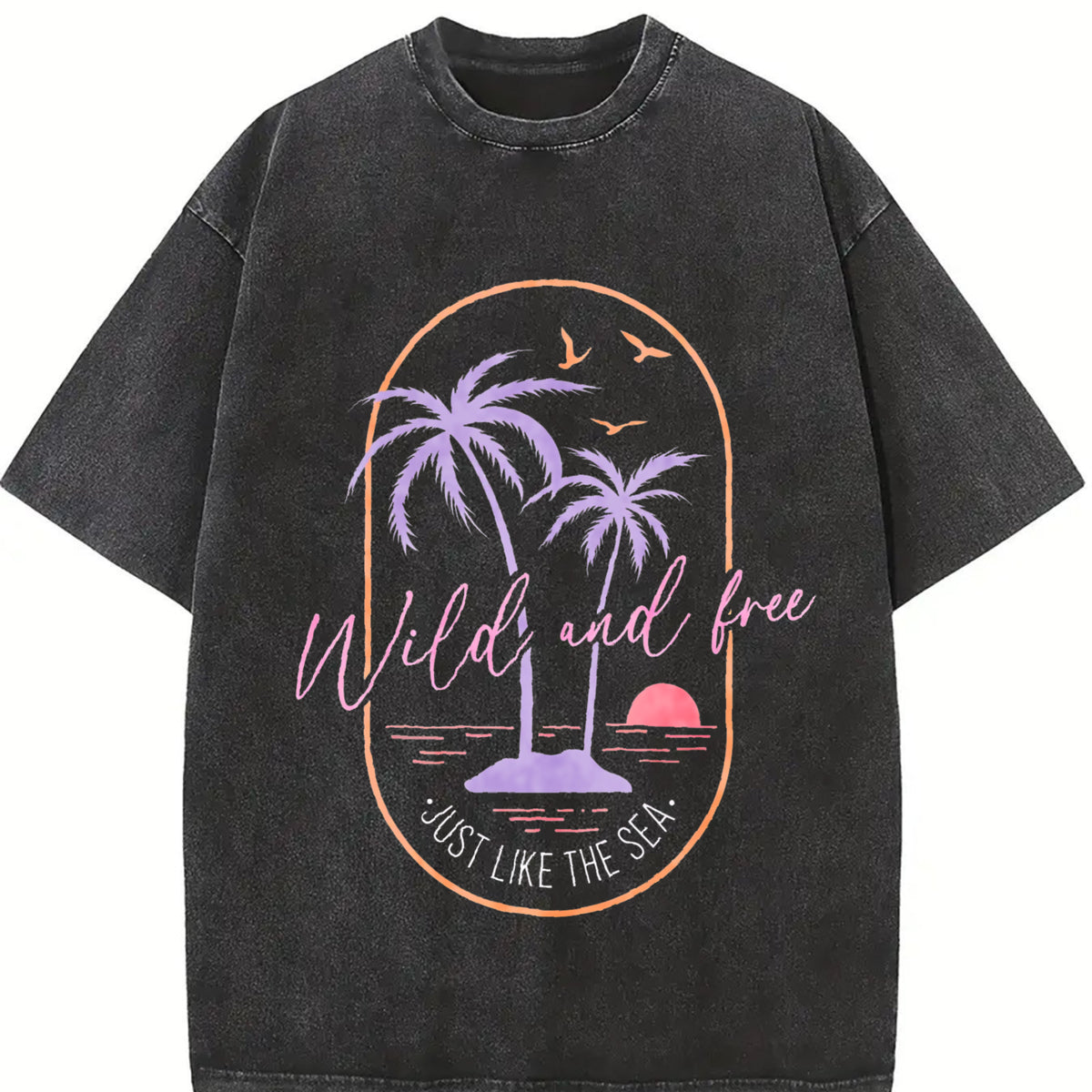 Retro Surf Tropical Beach Sunset Palm Tree and Surf Vintage Washed T-Shirt in Black