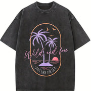 Retro Surf Tropical Beach Sunset Palm Tree and Surf Vintage Washed T-Shirt in Black