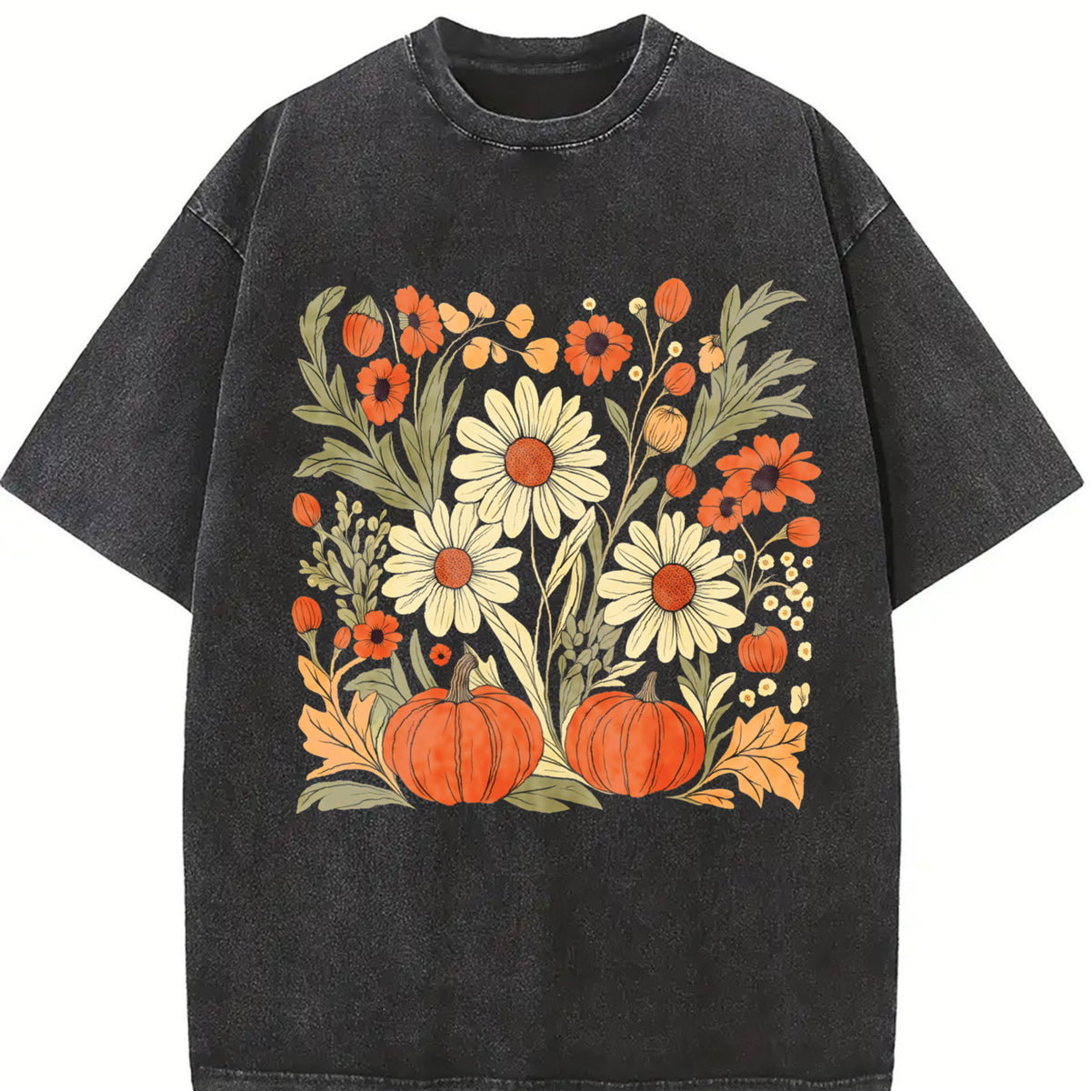 Boho Fall Floral Retro Fall Vintage Washed T-Shirt in Black