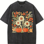 Boho Fall Floral Retro Fall Vintage Washed T-Shirt in Black