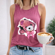 Pink Bear with Bow and Flower Crew-neck Sleeveless Vest Women's Color Cotton Tank Top in Red