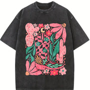 Pink Desert Cowboy Boots & Cactus vintage washed oversized T-shirt in Black