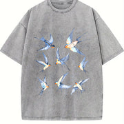 Birds Retro 90s Tattoo Vintage Washed T-Shirt in Gray