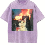 Glam Cat with a Fire Background Vintage Washed T-Shirt in Purple