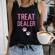 Treat Dealer Paw Prints Women's Color Cotton Tank Top in Black