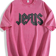 Jesus Embroidered Christian Vintage Washed T-Shirt in Red