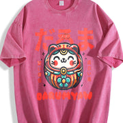 Retro and Same Japanese Daruma Cat Vintage Washed T-Shirt in Red