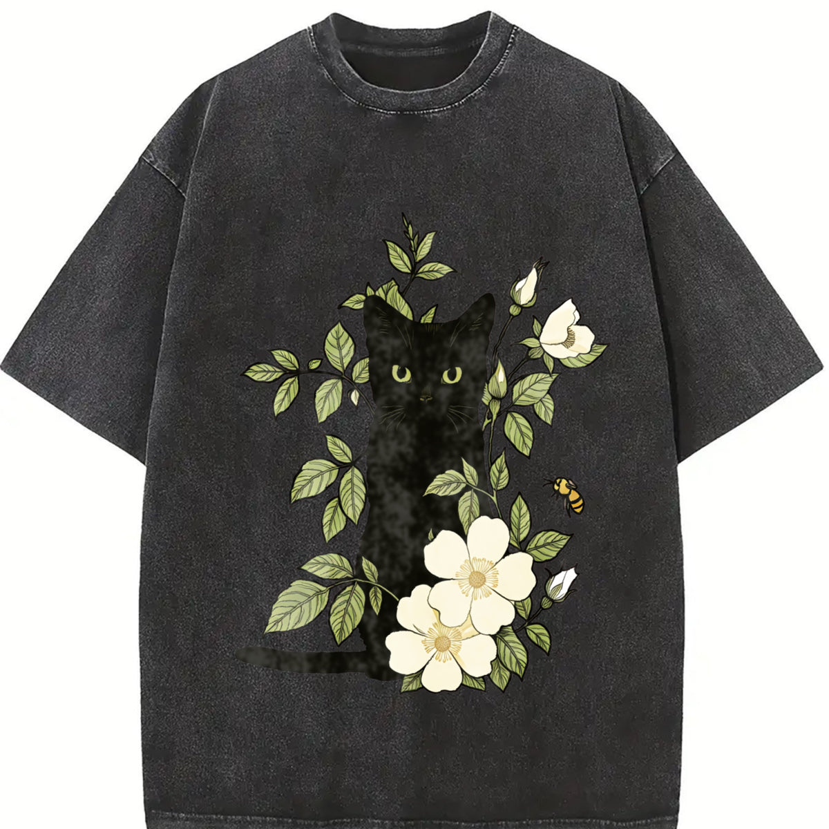 Animal Floral Cat 1pc Vintage Washed T-Shirt in Black