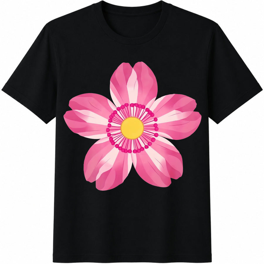 Pink Flower Cotton T-Shirt in Black