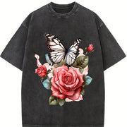 Elegant S Floral Soft Breathable Pink Rose and Green vintage washed oversized T-shirt in Black