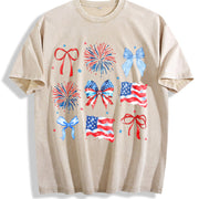 USA Coquette Bow Retro America Vintage Washed T-Shirt in Beige