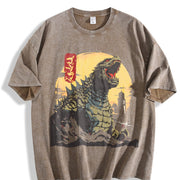 Godzillaed Japanese Monster Wave Classic O Neck Hip Hop vintage washed oversized T-shirt in Brown