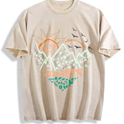 Floral Mountain Sunrise Vintage Washed T-Shirt in Beige