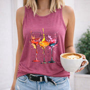 Colorful Wine Glasses Splash Art Crew-neck Sleeveless Vest Women's Color Cotton Tank Top in Red