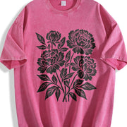 Linocut Flower Retro Block Peonies Vintage Washed T-Shirt in Red
