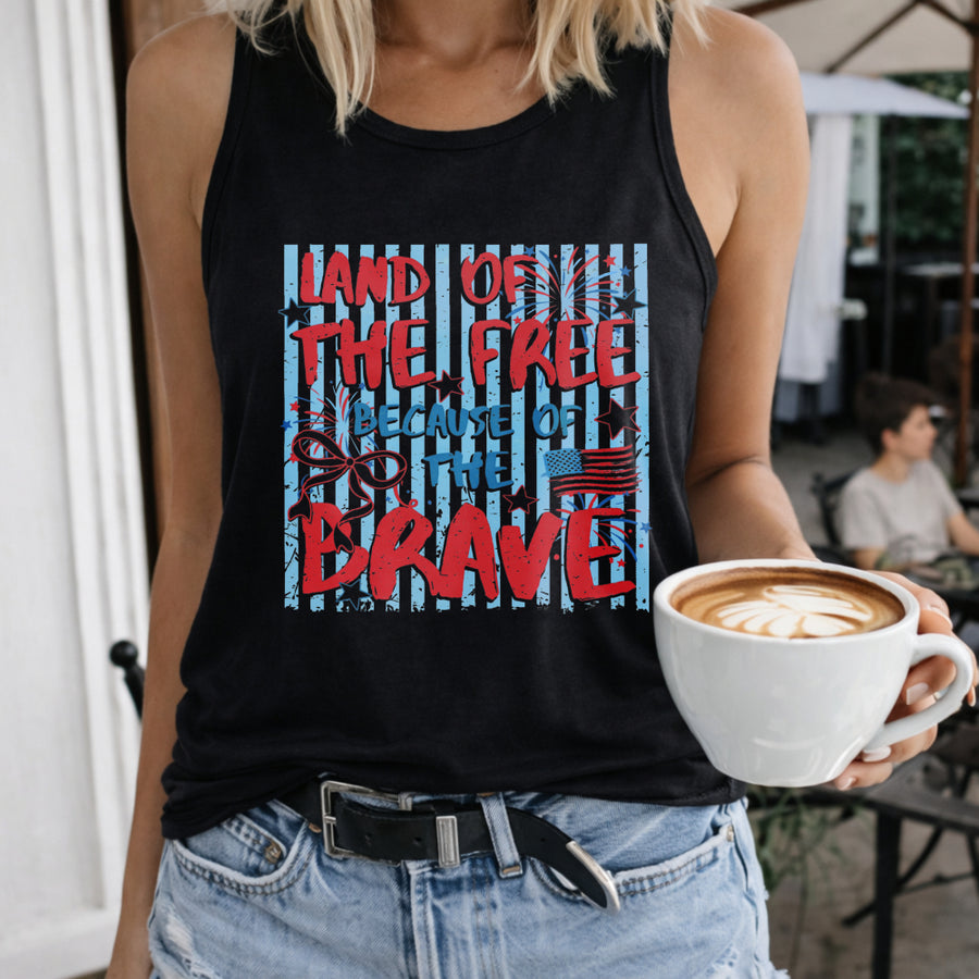 Land of the Free Because of the Brave Women's Color Cotton Tank Top in Black