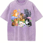 Retro Kitten 90s Cute Cats Boho Floral Cat Butterfly vintage washed oversized T-shirt in Purple