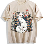 Luokeren Retro Floral Fox Vintage Washed T-Shirt in Beige
