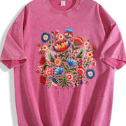 Folk Art Short-sleeve a Bohemian with Faux Embroidered Vintage Washed T-Shirt in Red