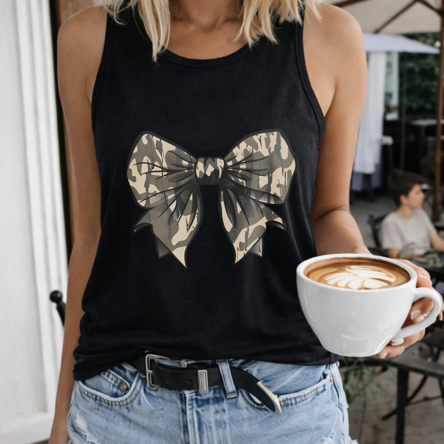 Camouflage Bow Women's Color Cotton Tank Top in Black