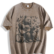 Bear Playing Guitar Retro Vintage Washed T-Shirt in Brown
