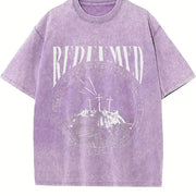 REDEEMED 220gsm - Retro Street Faithbased Soft Texture vintage washed oversized T-shirt in Purple