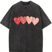 Red Check Floral Love Vintage Washed T-Shirt in Black