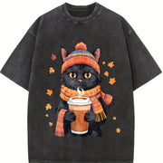 Black Cat with Hot Drink and Autumn Leaves Vintage Washed T-Shirt in Black