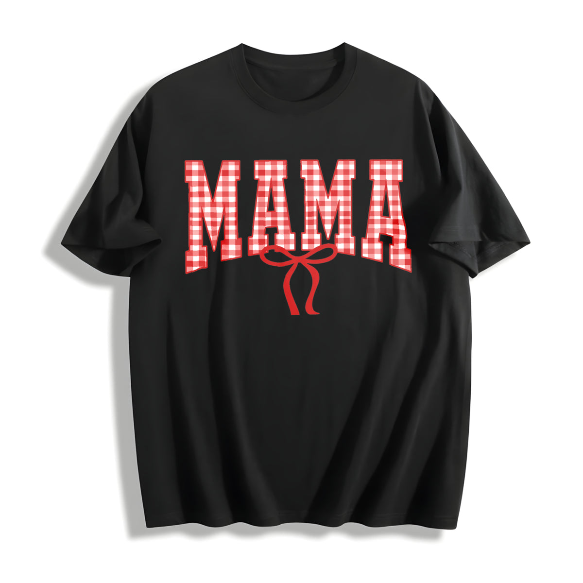 Mama Gingham Bow Cute Mom Cotton T-Shirt in Black
