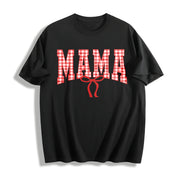 Mama Gingham Bow Cute Mom Cotton T-Shirt in Black