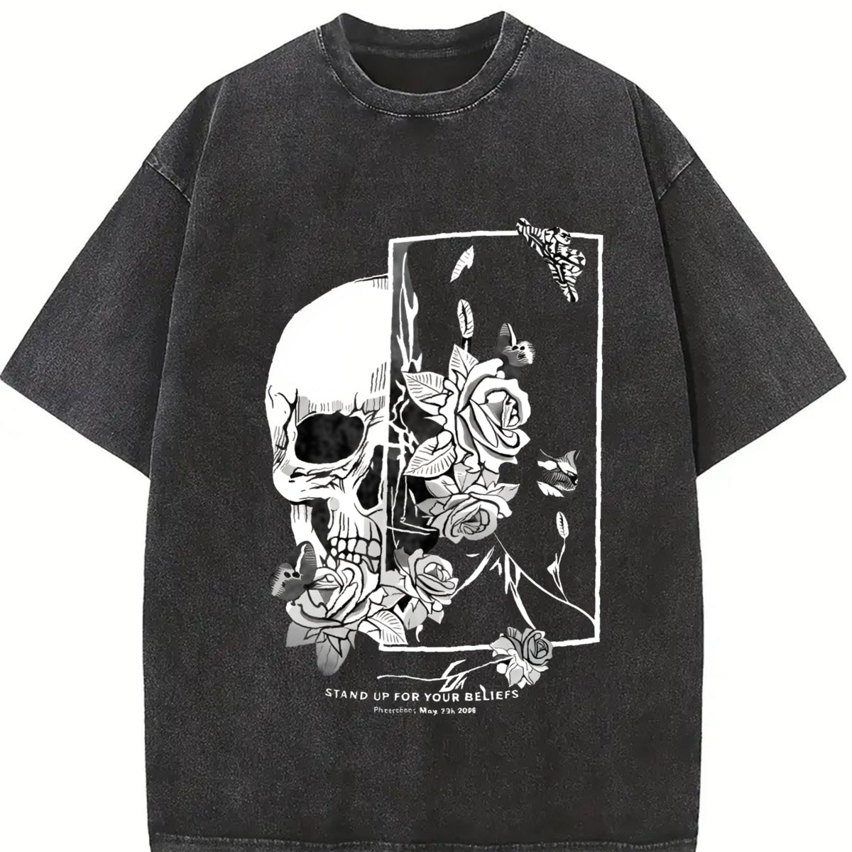 With Gothic Skull & Rose Vintage Washed T-Shirt in Black