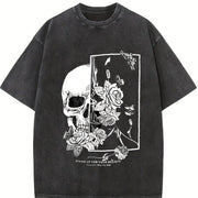 With Gothic Skull & Rose Vintage Washed T-Shirt in Black