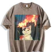 Glam Cat with a Fire Background Vintage Washed T-Shirt in Brown