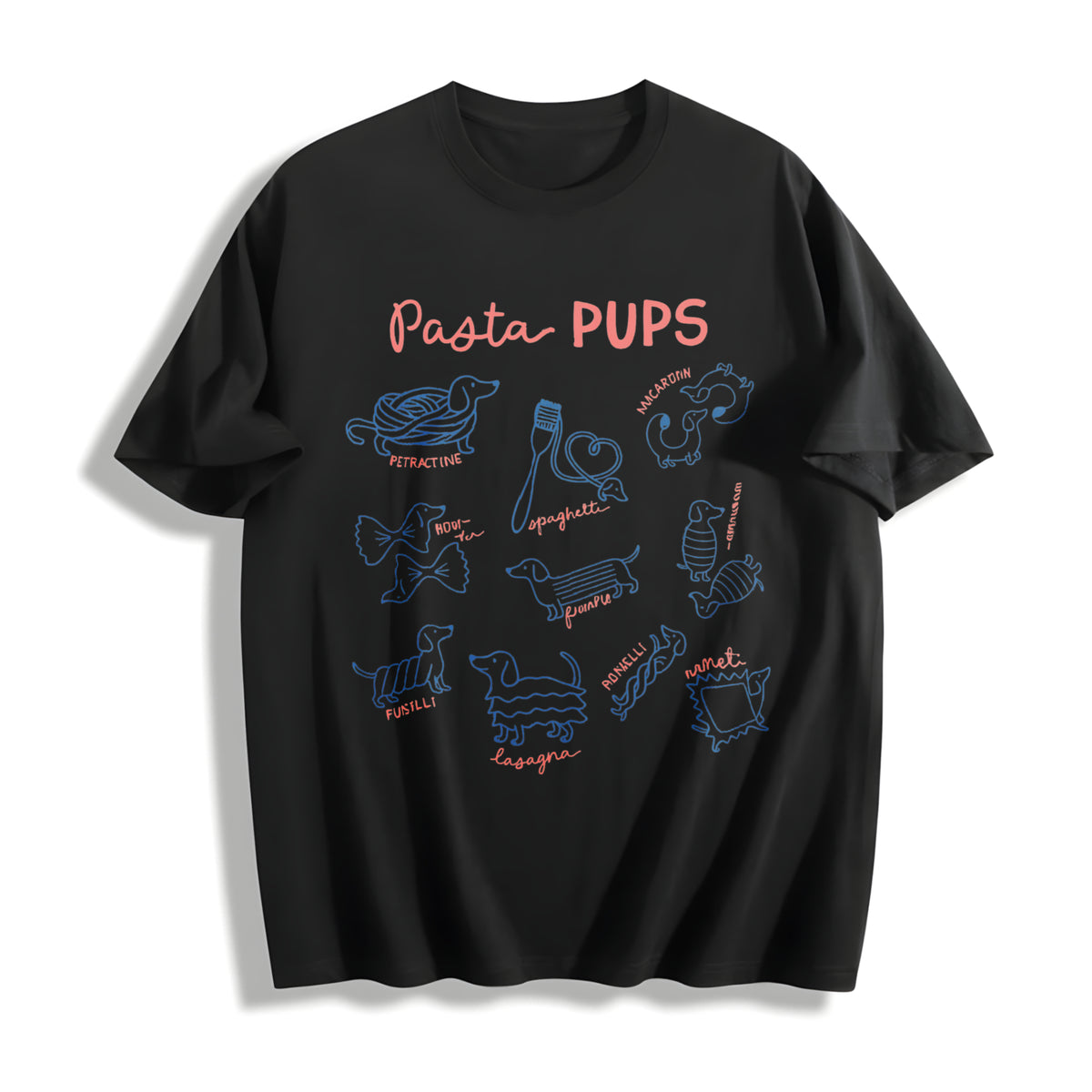 Pasta Dachshund Italian Foodie Wiener Dog Cotton T-Shirt in Black