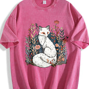 Luokeren Retro Floral Fox Vintage Washed T-Shirt in Red