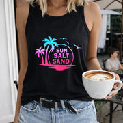 Sun Salt Sand Palm Trees Women's Color Cotton Tank Top in Black